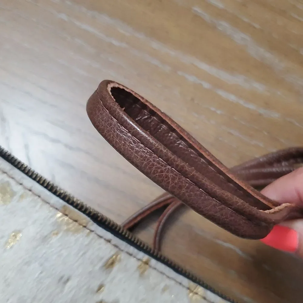 WILD GOOSE WOMEN'S HAIR ON HIDE LEATHER WRISTLET IVORY GOLD BROWN LEATHER FRINGE